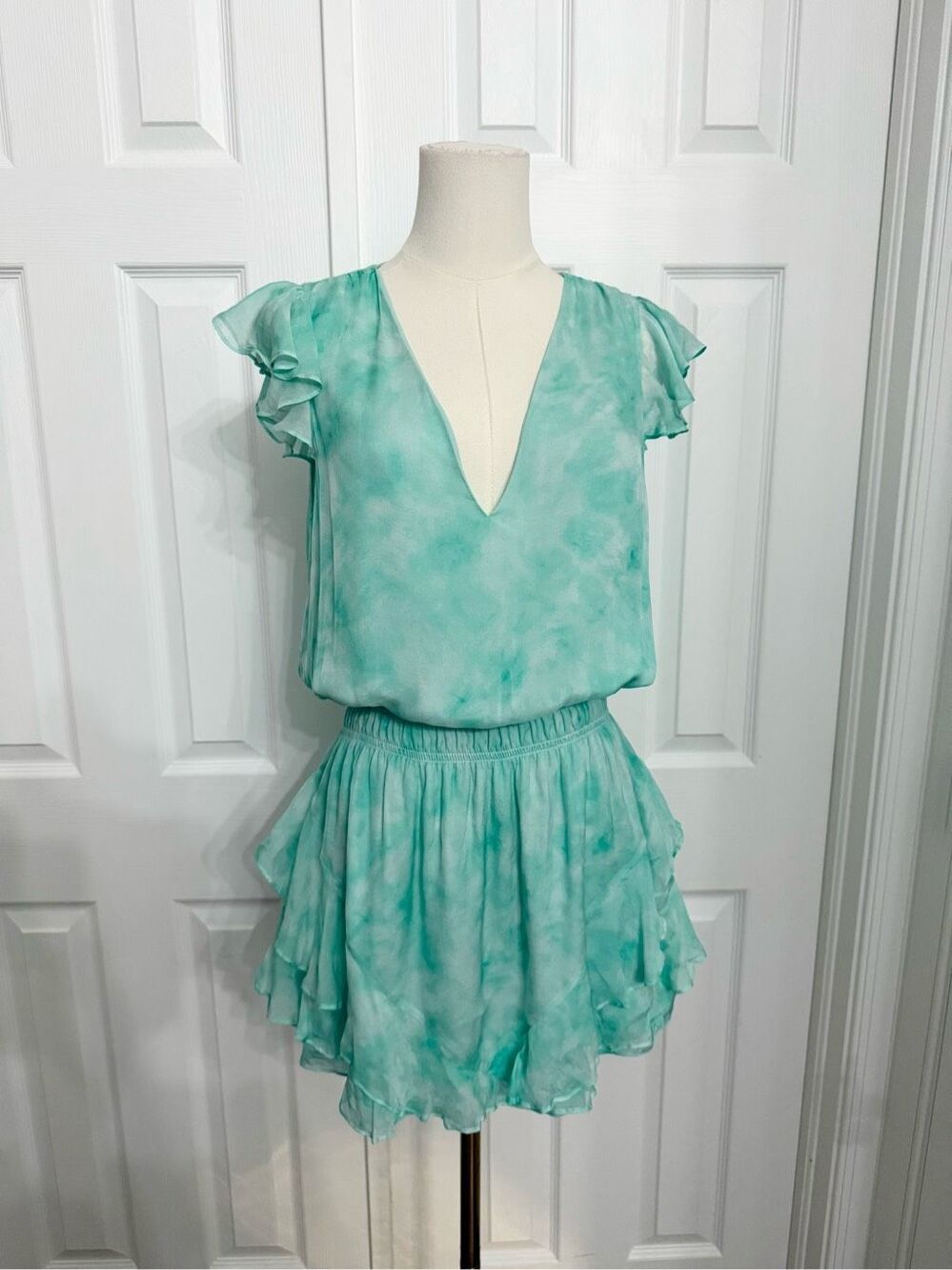 Ramy Brook Womens Green Silk Blend Tie Dye Flutter Simone Mini Dress Size Small